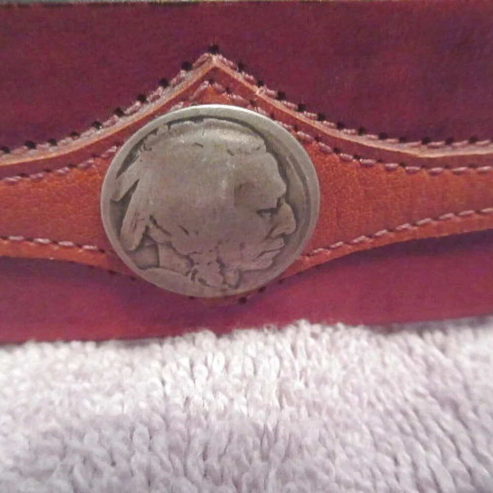 Vtg Buffalo Nickels Indian Head Leather Belt Size 40 Conches Western Cowboy USA